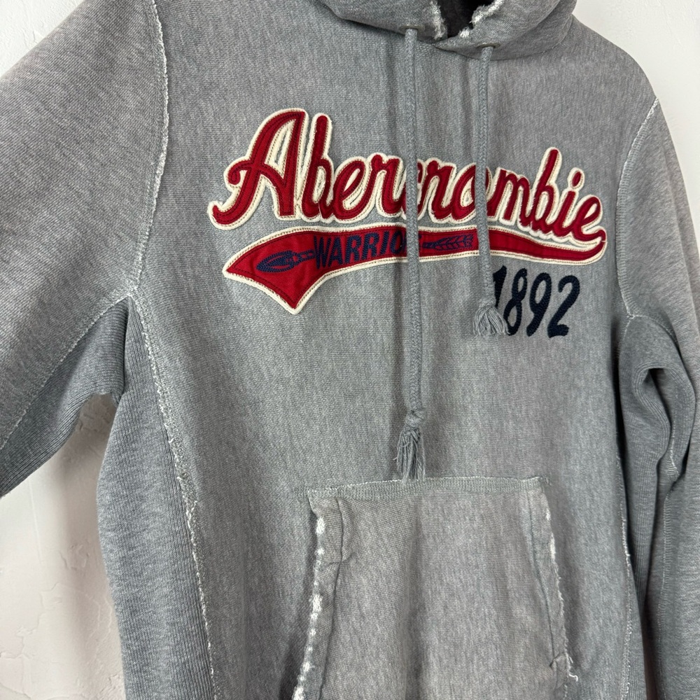 VTG Y2K A&F Abercrombie & Fitch Hoodie Pullover Sweatshirt Grey Fleece Lined Red - Picture 7 of 10